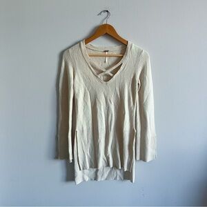 Free People Tan Criss Cross V-Neck Long Sleeve Tunic Top Sweater Beige
